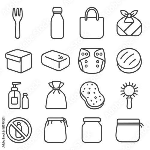 Plastic-Free Icons. Line style icons of plastic-free alternatives: wooden fork, metal bottle, reusable bag, fabric wrap, cardboard
