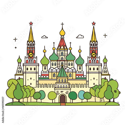 Colorful Outline of the Moscow Kremlin Complex with Lush Landscaping