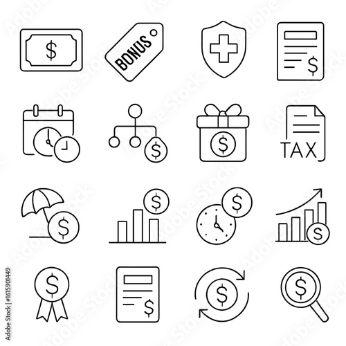 Compensation Icons Set. Line style icons of compensation and benefits: salary icon, bonus tag, health insurance, payroll sheet,