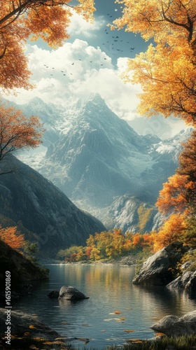 Lake and Mountain Landscape in Autumn Scenery