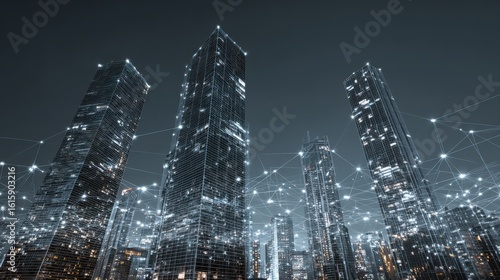 Fototapeta Naklejka Na Ścianę i Meble -  Modern city skyscrapers with glowing network connections and digital technology.