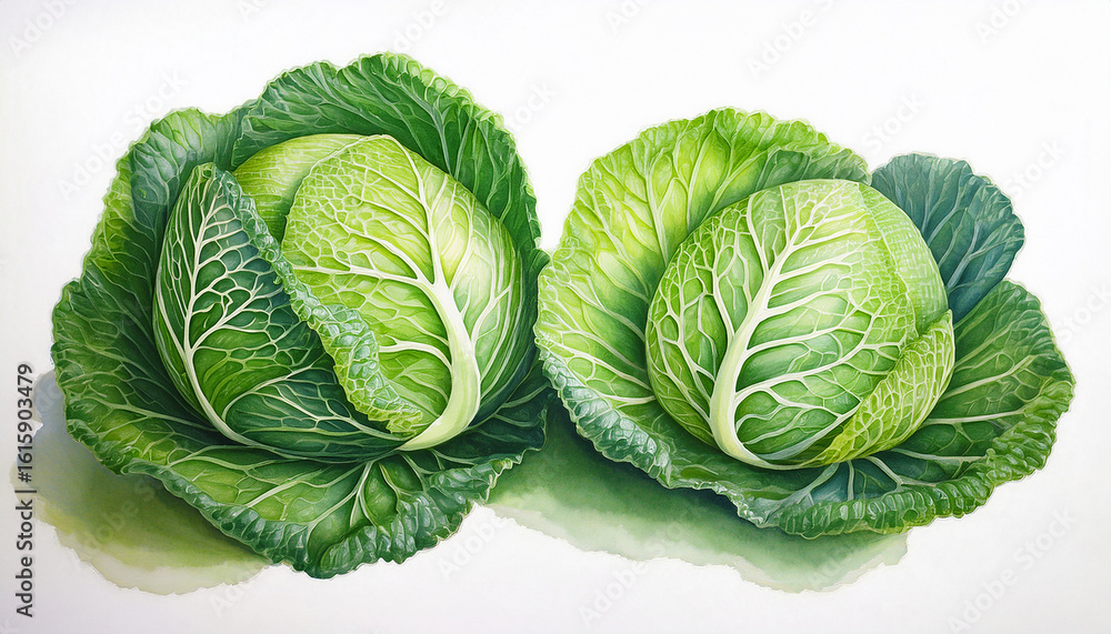 Fototapeta premium a detailed watercolor painting depicts two vibrant green savoy cabbages with intricately layered leaves against a plain white background