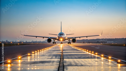 Airplane On Runway At Sunset, Preparing For Takeoff Or Landing.  A Modern Passenger Jet On The Tarmac With Lights Reflecting On Wet Asphalt.  Travel, Transportation, And Aviation Concept.