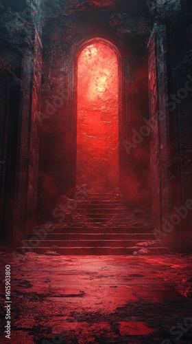 Arched Doorway with Steps in Dark Mysterious Setting Lit in Red