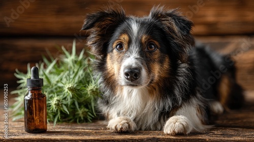 Australian Shepherd Dog with CBD oil and hemp on wooden background.