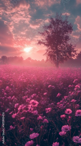 Pink Flower Field at Sunrise with Mist and Tree Silhouette