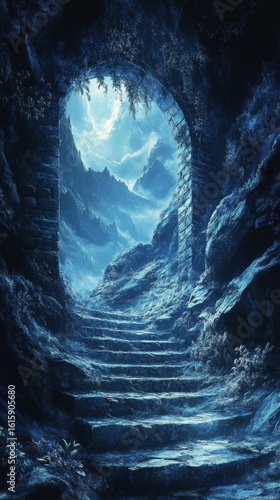 Stone Stairway Leading to Mountain View Through Archway