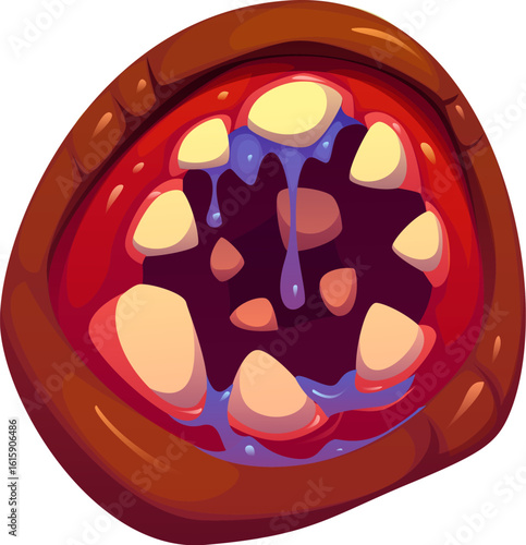Halloween scary and creepy drool monster round jaw. Creepy ghoul monster ugly open mouth with saliva ghoul from sharp teeth. Halloween scary creature roaring round maw with red lips, sharp fangs and