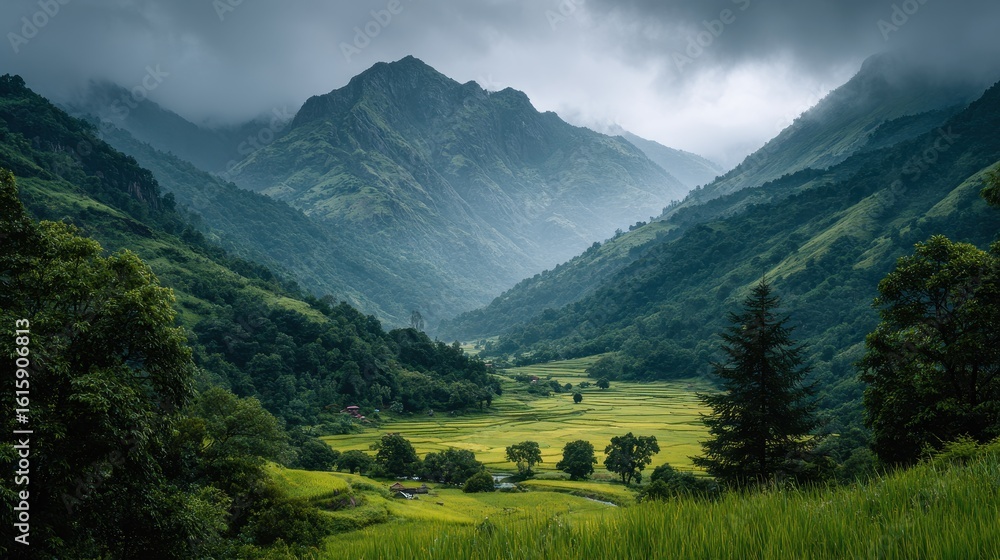 Majestic Green Valley, Mountainous Terrain, Nepal Majestic Green Valley, Mountainous Terrain, Nepal