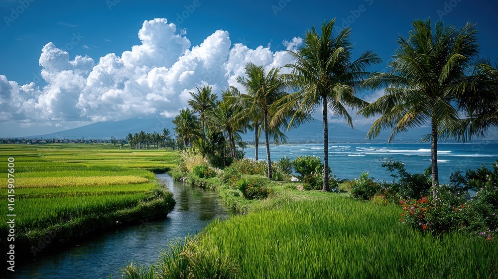 Obraz premium Lush Tropical Rice Field Landscape With Blue Sky