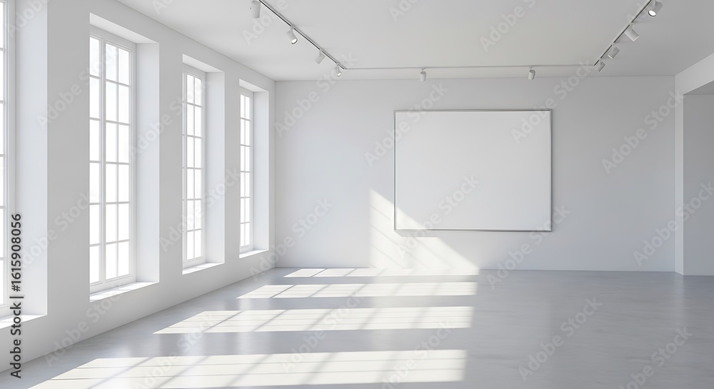 Fototapeta premium Sunlight streams into an empty white art gallery with blank canvas