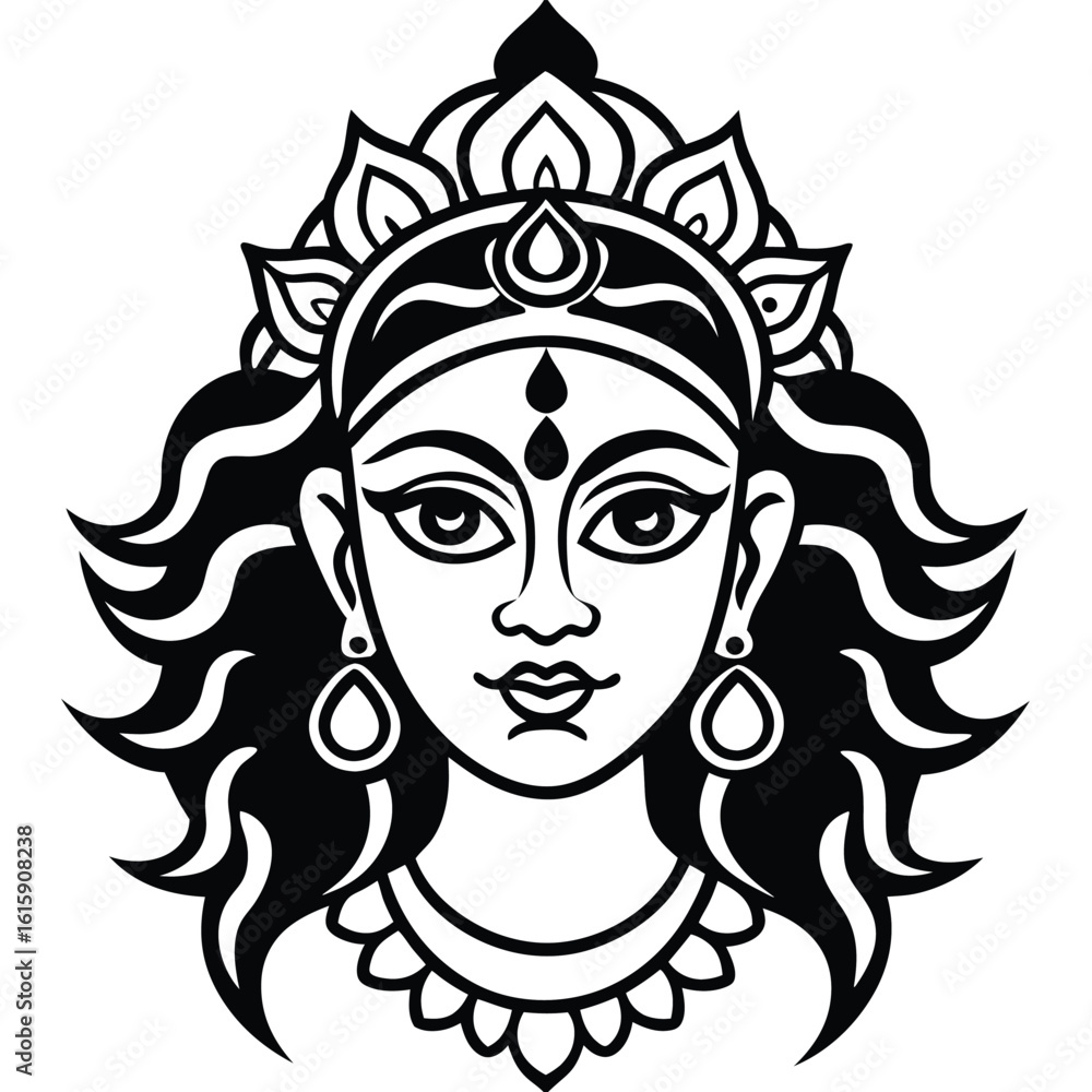 Stylized black and white illustration of the goddess durga s face. Stylized black and white illustration of the goddess durga s face.