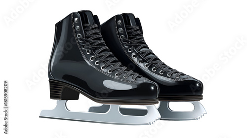 Pair of Black Glossy Figure Ice Skates on Transparent Background, Ready for Ice Skating Competition, Professional Winter Sports Equipment, Shiny and