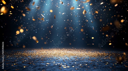 Golden confetti falling on dark blue background, illuminated by spotlights.