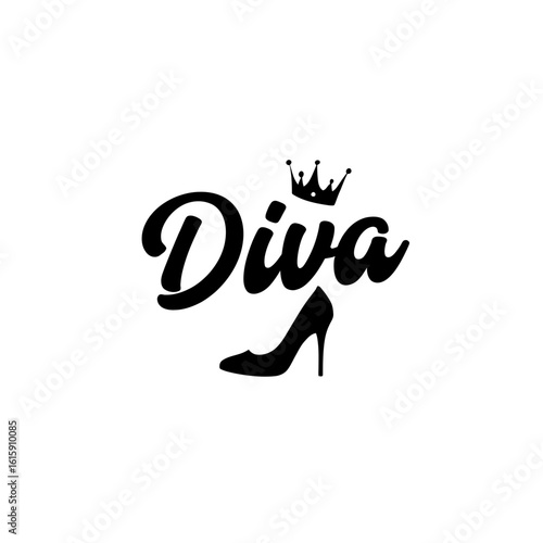 Diva text with crown and high heel shoe
