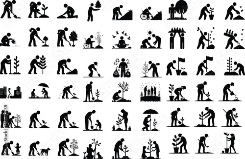 Tree Planting Silhouette Icon Set Eco Garden & Green Nature Silhouette Icons