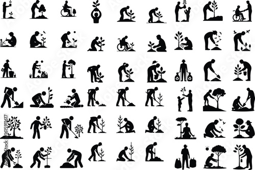 Tree Planting Silhouette Icon Set Eco Garden & Green Nature Silhouette Icons