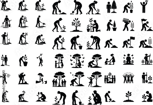 Tree Planting Silhouette Icon Set Eco Garden & Green Nature Silhouette Icons