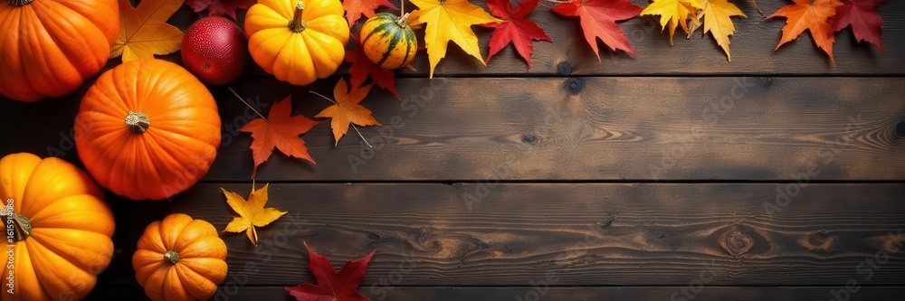 Obraz premium Rustic wood table, autumn leaves, gourds, pumpkins, colorful fall decor, red, gourds