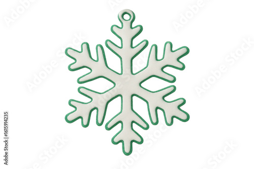 White and green snowflake ornament floating against transparent backdrop, highlighting intricate holiday design with crisp 3d rendering