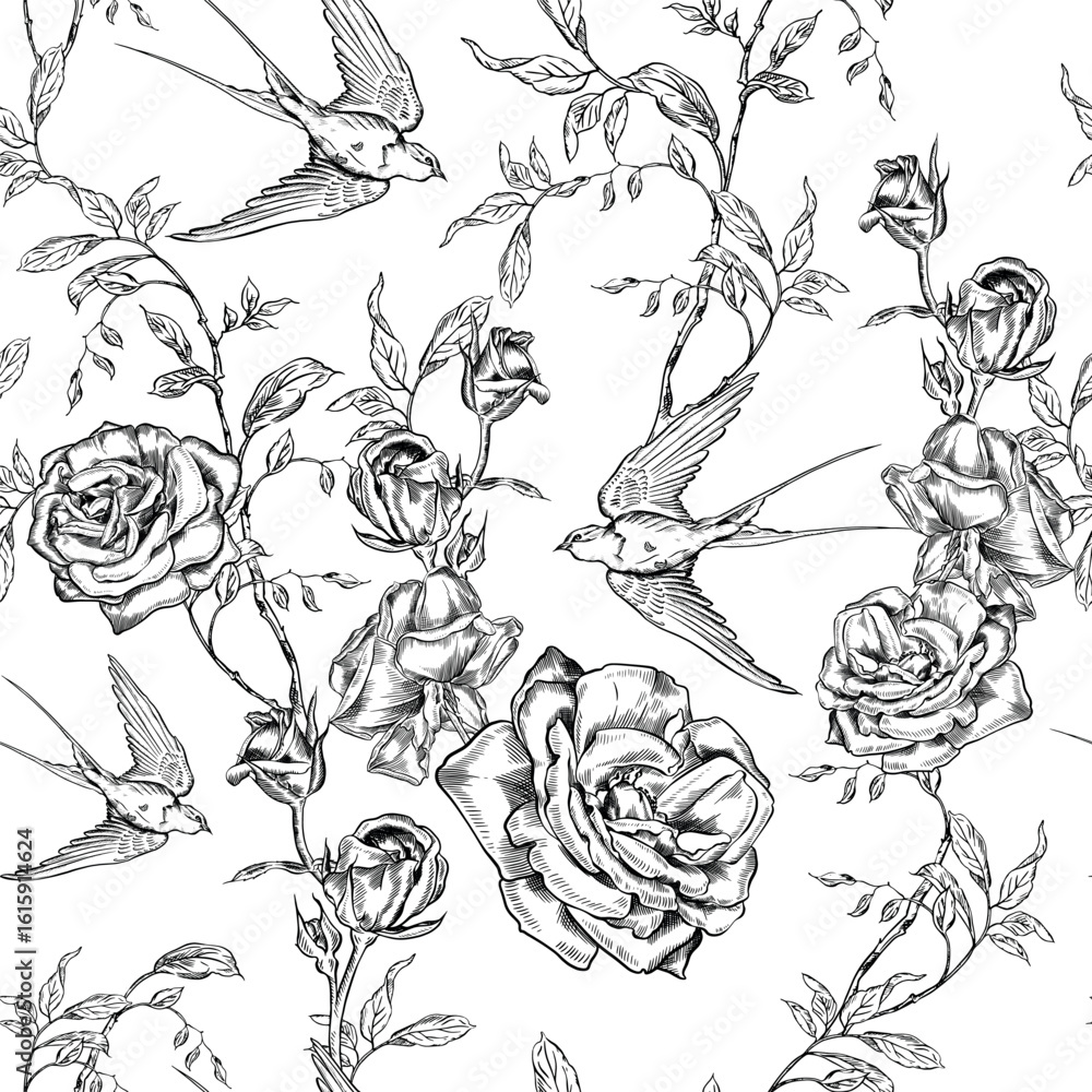 Fototapeta premium Vintage Toile de Jouy Pattern with Blue Roses and Swallows. Seamless floral and bird illustration