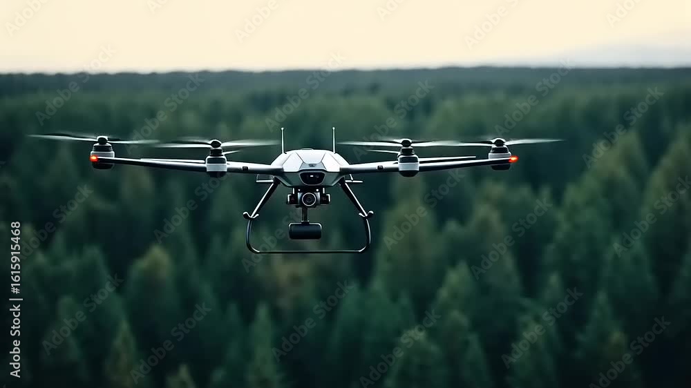A drone flying over a dense forest, capturing aerial images of the lush green trees below