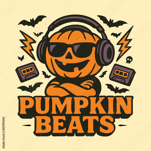 Retro Halloween vector t-shirt design with cool pumpkin DJ wearing headphones and sunglasses