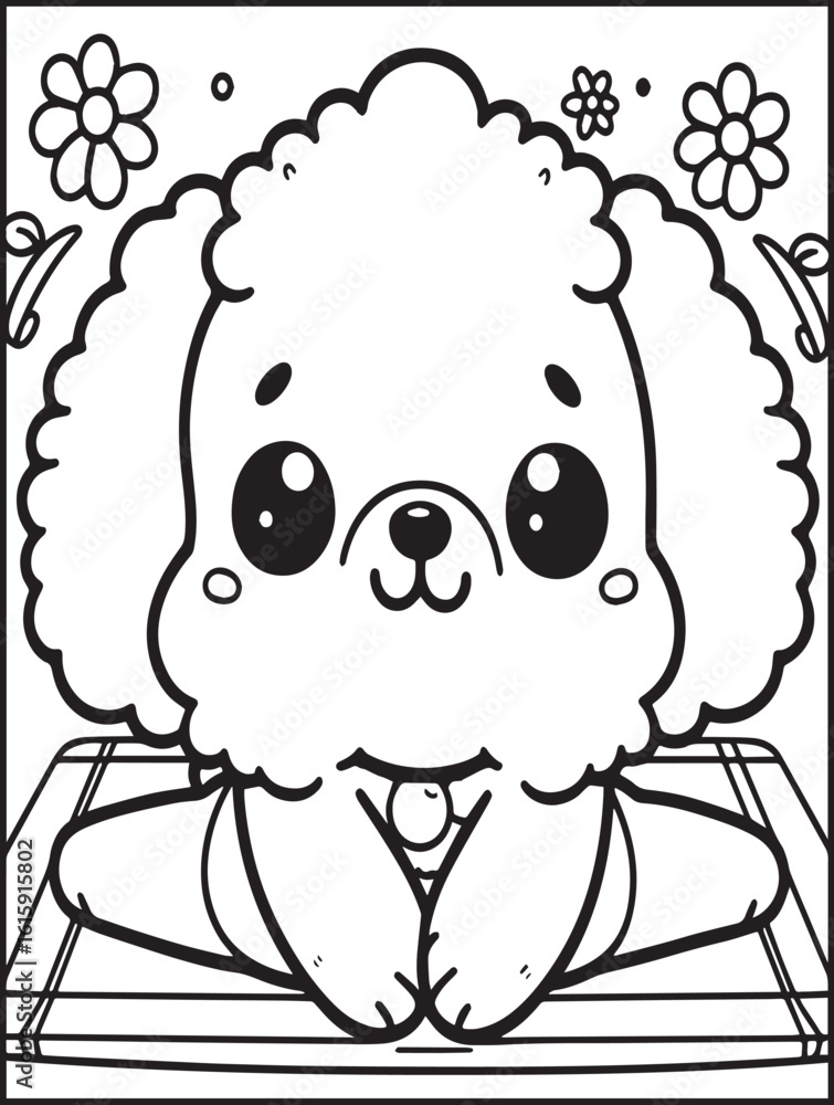 Fototapeta premium Printable animal coloring page for kids and adults: Animal doing yoga: Cute dog doing yoga pose