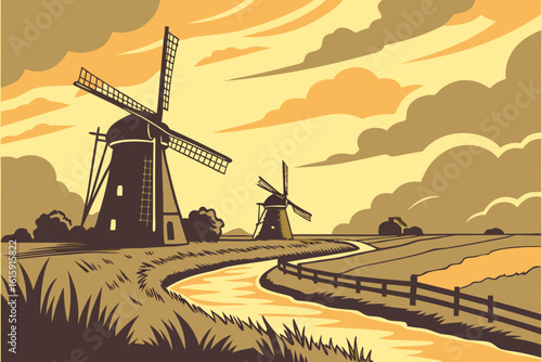Gaze at the historic windmills during sunset in the Netherlands with golden skies and fields in modern flat illustration style.