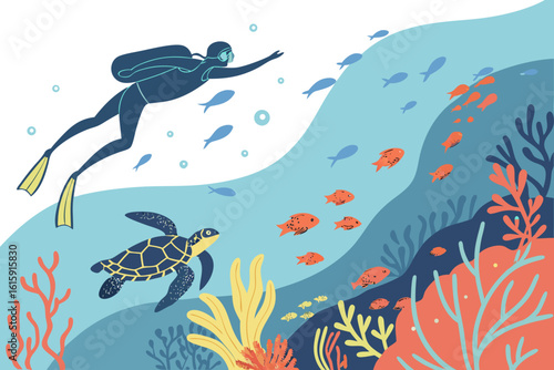 Glistening coral reef scene in the Philippines with divers, turtles, and bright fish, modern flat illustration style