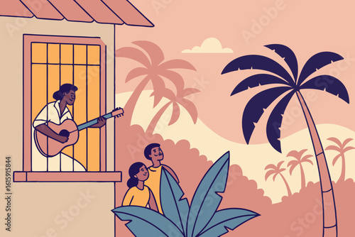 Guitar serenade at dusk in the Philippines with friends singing harana under windows, modern flat illustration style