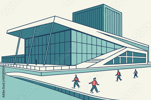 Glittering Oslo Opera House in Norway with people skating on the icy waterfront, modern flat illustration style