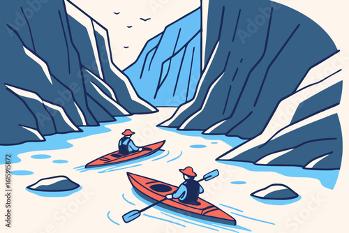 Icebound fjord kayakers in Norway navigating blue icebergs and silence, modern flat illustration style