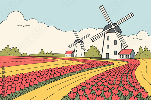 Admire the colorful tulip fields in full bloom across the Netherlands with traditional windmills and a serene blue sky in modern flat illustration style.