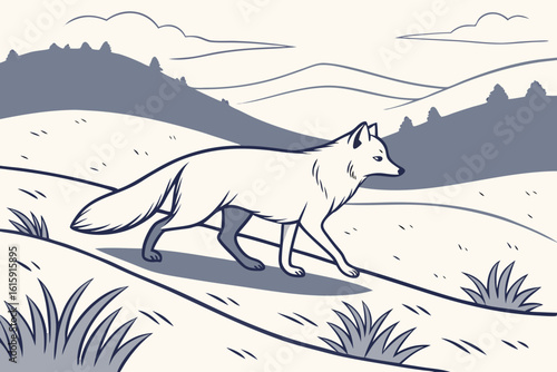 Arctic fox trotting across snowy tundra in Norway beneath pastel twilight, modern flat illustration style