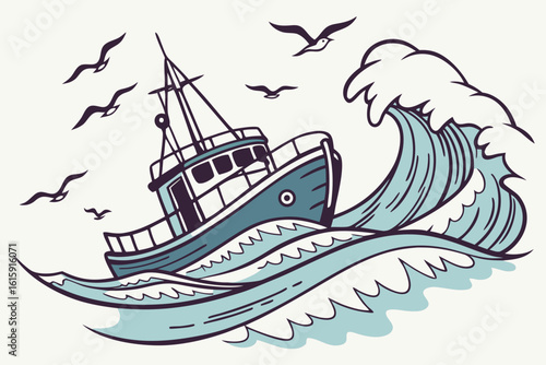 Cod fishing trawler in stormy seas off Norway with rugged crew and seabirds, modern flat illustration style
