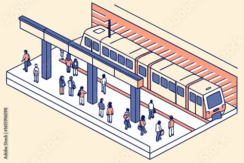Commuter MRT rush in the Philippines with platform crowds and digital signboards, modern flat illustration style