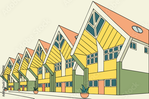 Discover the unique architecture of cube houses in Rotterdam, Netherlands with bright colors and geometric angles in modern flat illustration style.