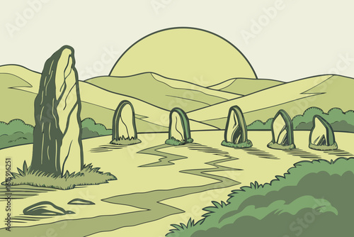 Equinox sunrise over stone monoliths on a Norway hilltop folklore site, modern flat illustration style