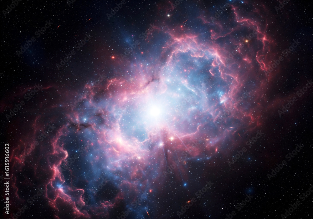 Fototapeta premium Expansive Cosmic Explosion of Vibrant Pink and Blue Nebula with Bright Central Core and Scattered Stars