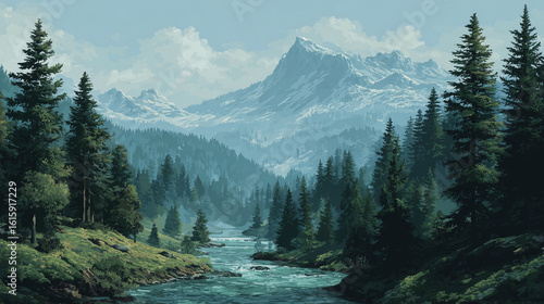 Mountain landscape with pine forest and river