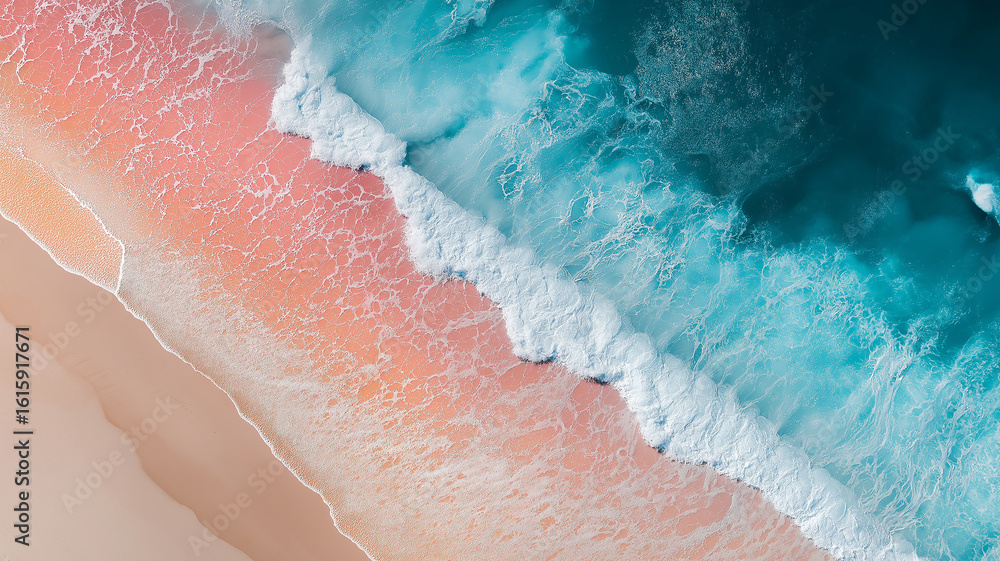Fototapeta premium Aerial view of vivid pink salt flats meeting turquoise ocean water in sharp contrast, surreal coastline geometry, 4k image