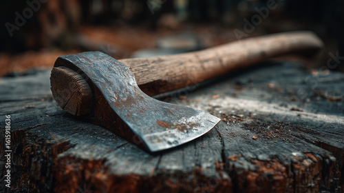 Rustic axe with wooden handle lying on tree stump