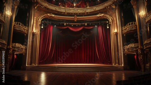 Grand theater stage with red curtains, ornate gold details, and empty seating.