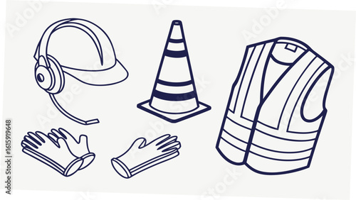 Illustration of construction safety gear including hard hat gloves vest and traffic cone outline style