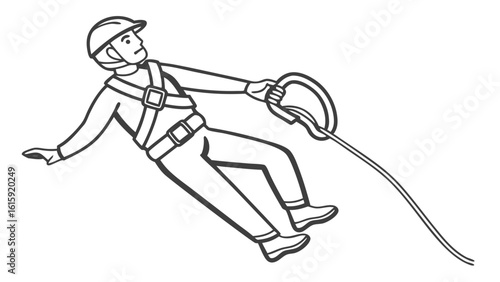 A man in safety gear using a rope and carabiner for climbing or rappelling in a line art drawing