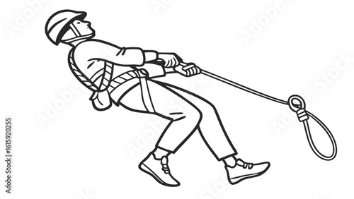 Man in safety harness and helmet pulling a rope with a loop at the end in black and white outline