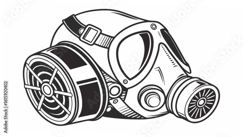 Illustration of a gas mask with a strap and detailed filter design in black and white outline