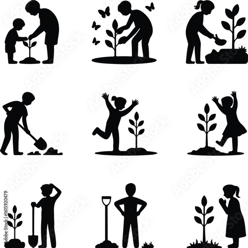 Tree Planting Silhouette Icon Set Eco Garden & Green Nature Silhouette Icons