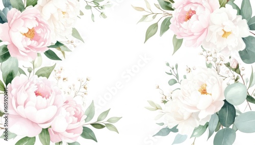 Fototapeta Naklejka Na Ścianę i Meble -  Watercolor floral frame with light pink and white Peonies